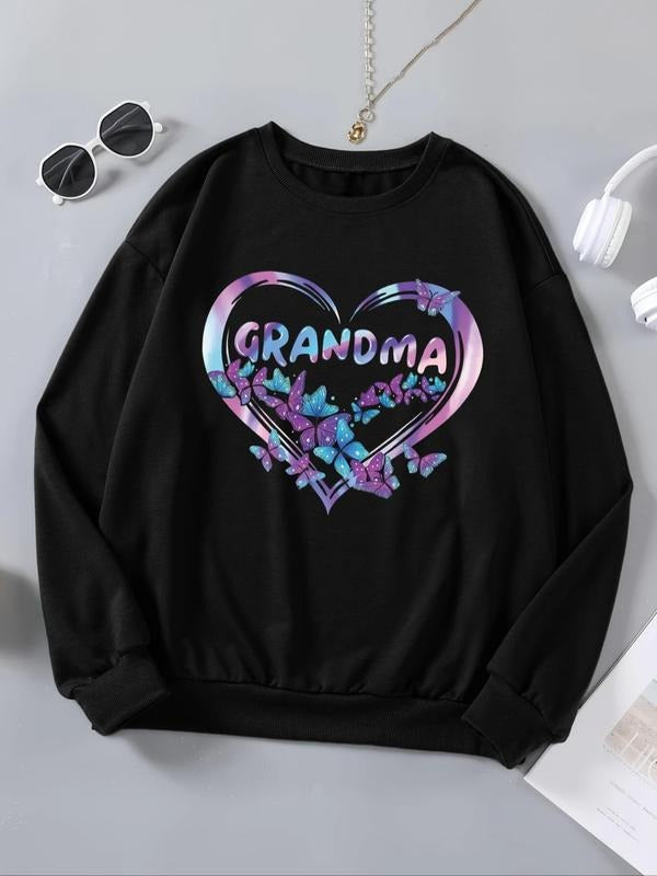 Women's Butterfly & Letter Print Drop Shoulder Sweatshirt, Casual Long Sleeve Round Neck Thermal Lined Pullover for Fall...
