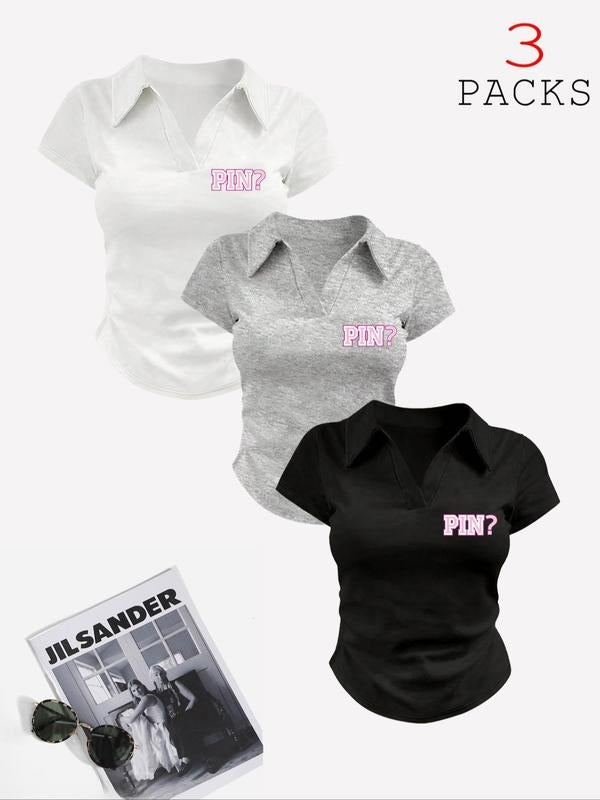 Women's Butterfly & Letter Print Polo Neck Tee, Casual Short Sleeve T-shirt for Summer, Ladies Clothes for Daily Wear,...