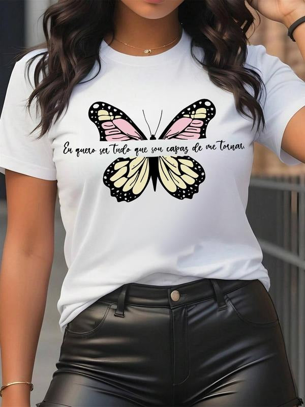 Women's Butterfly & Letter Print Round Neck Graphic Tee, Vintage Trendy Casual Short Sleeve T-shirt For Daily Wear,...