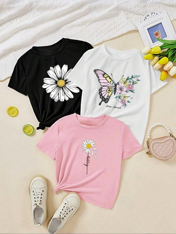 Women's Butterfly & Letter Print Round Neck Tee, Casual Short Sleeve Crew Neck T-shirt for Summer, Fashion Women's Top...