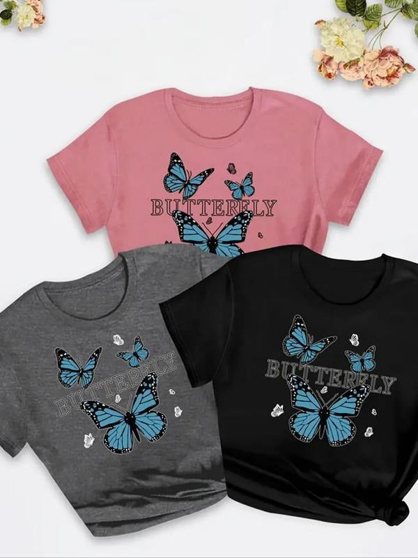 Women's Butterfly & Letter Print Round Neck Tee, Trendy Casual Crew Neck Short Sleeve T-Shirt for Daily Wear, Ladies...