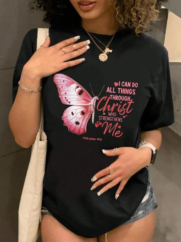 Women's Butterfly & Letter Print Round Neck Tee, Trendy Casual Short Sleeve Crew Neck T-shirt for Daily Wear, Ladies All...