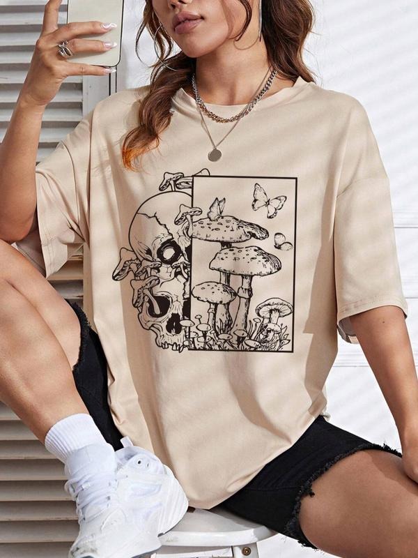 Women's Butterfly & Mushroom & Skull Print Round Neck Graphic Tee, Vintage Trendy Casual Drop Shoulder T-shirt for Daily...
