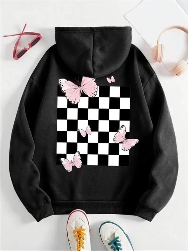 Women's Butterfly & Plaid Print Thermal Lined Hoodie, Fashion Casual Drawstring Pocket Hooded Sweatshirt for Daily...