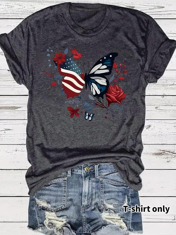 Women's Butterfly & Rose Print Round Neck Tee, Casual Short Sleeve Crew Neck T-shirt for Summer, Fashion Women's Top for...