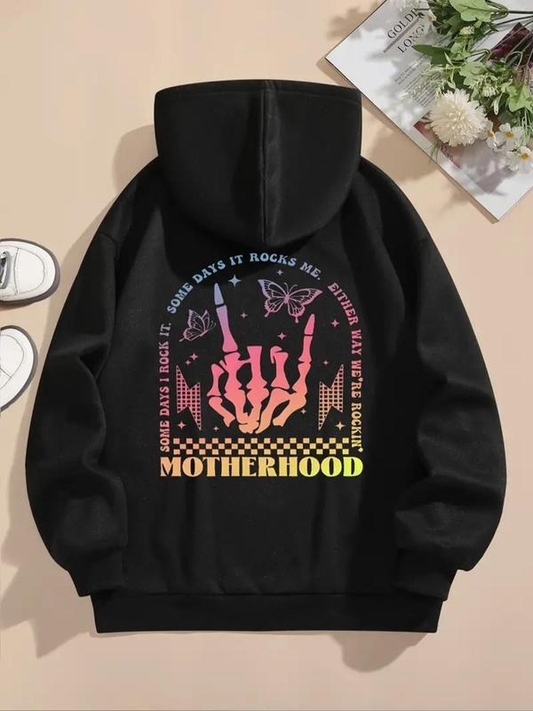 Women's Butterfly & Skull Hand  Print Drop Shoulder Hoodie, Fashion Casual Drawstring Pocket Hooded Sweatshirt for Daily...