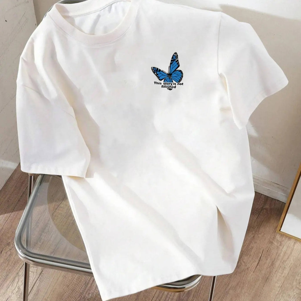 Women's Butterfly & Slogan Print Round Neck Tee, Fashion Casual Crew Neck Short Sleeve T-shirt for Daily Outdoor Wear,...