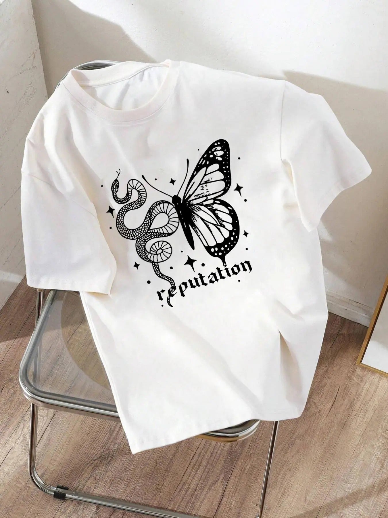 Women's Butterfly & Snake & Letter Print Round Neck Tee, Trendy Casual Drop Shoulder Short Sleeve T-Shirt for Daily Wear,...