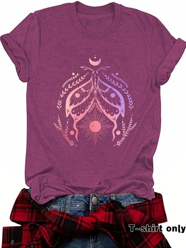 Women's Butterfly & Sun Print Round Neck Tee, Casual Short Sleeve Crew Neck T-Shirt for Summer, Fashion Women's Top for...