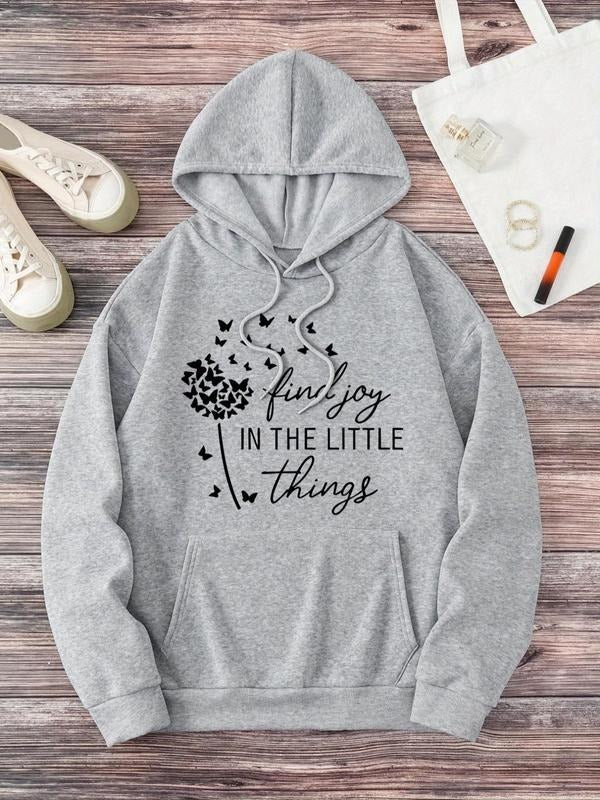 Women's Butterfly Dandelion & Letter Print Drop Shoulder Hoodie, Fashion Casual Drawstring Pocket Hooded Sweatshirt for...