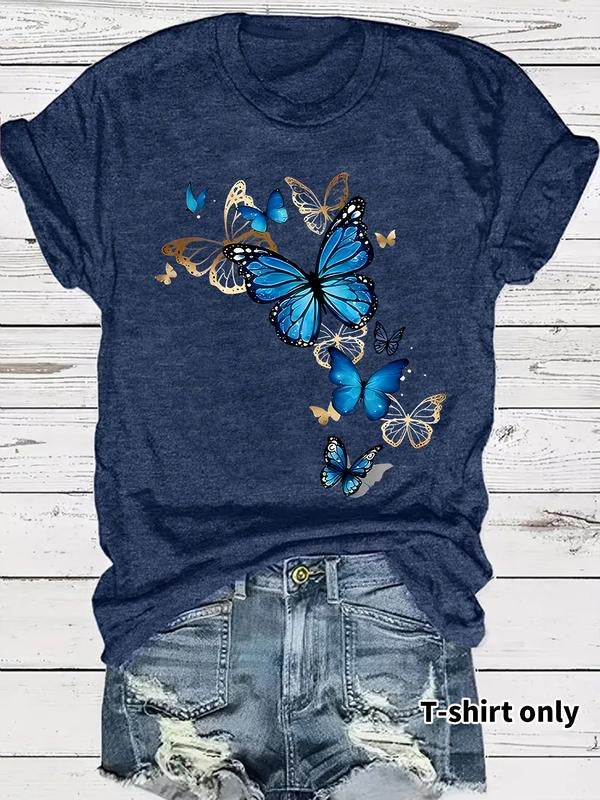 Women's Butterfly Embroidery Gold Trim Print Casual Summer Top, Round Neck Short Sleeve T-Shirt, Comfortable Breathable...