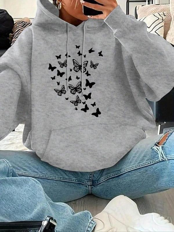 Women's Butterfly Print Drop Shoulder Drawstring Hoodie, Fashion Casual Pocket Hooded Sweatshirt for Daily Holiday...