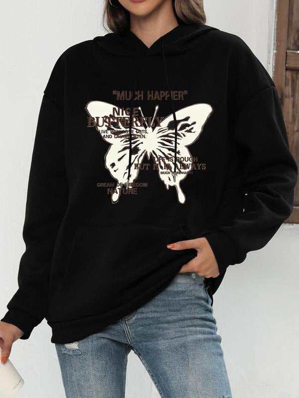 Women's Butterfly Print Drop Shoulder Hoodie, Fashion Casual Drawstring Pocket Hooded Sweatshirt for Daily Holiday...