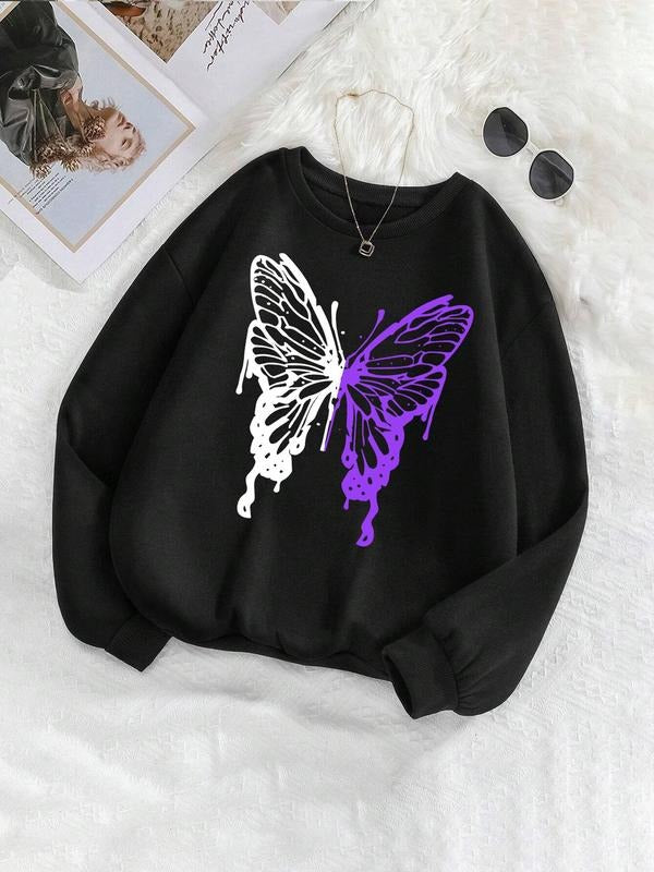 Women's Butterfly Print Drop Shoulder Sweatshirt, Casual Long Sleeve Round Neck Pullover for Fall & Winter, Ladies...