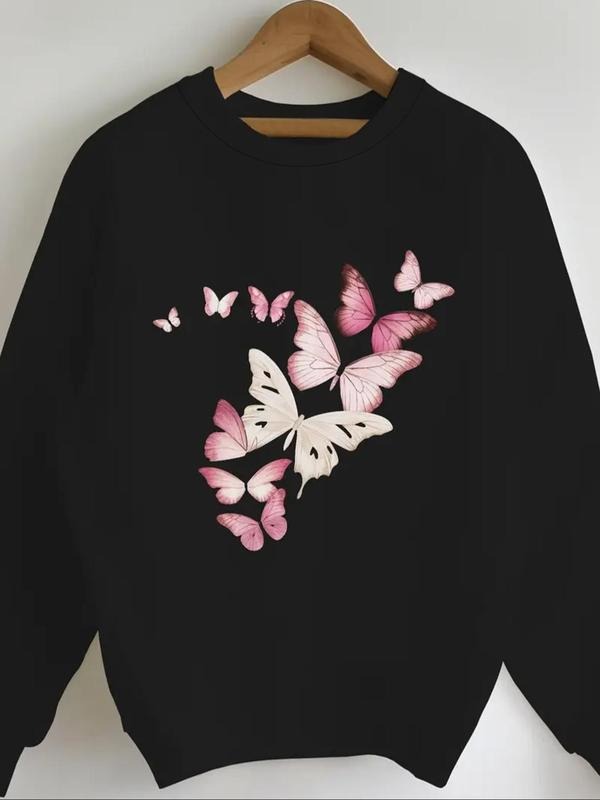 Women's Butterfly Print Drop Shoulder Sweatshirt, Casual Long Sleeve Round Neck Pullover for Fall & Winter, Ladies...
