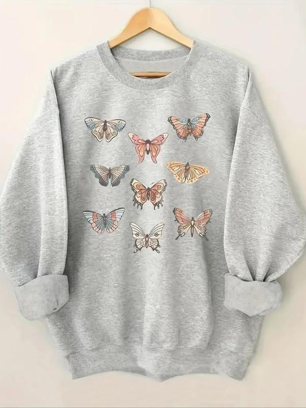 Women's Butterfly Print Drop Shoulder Thermal Lined Sweatshirt, Casual Long Sleeve Round Neck Pullover for Fall & Winter,...