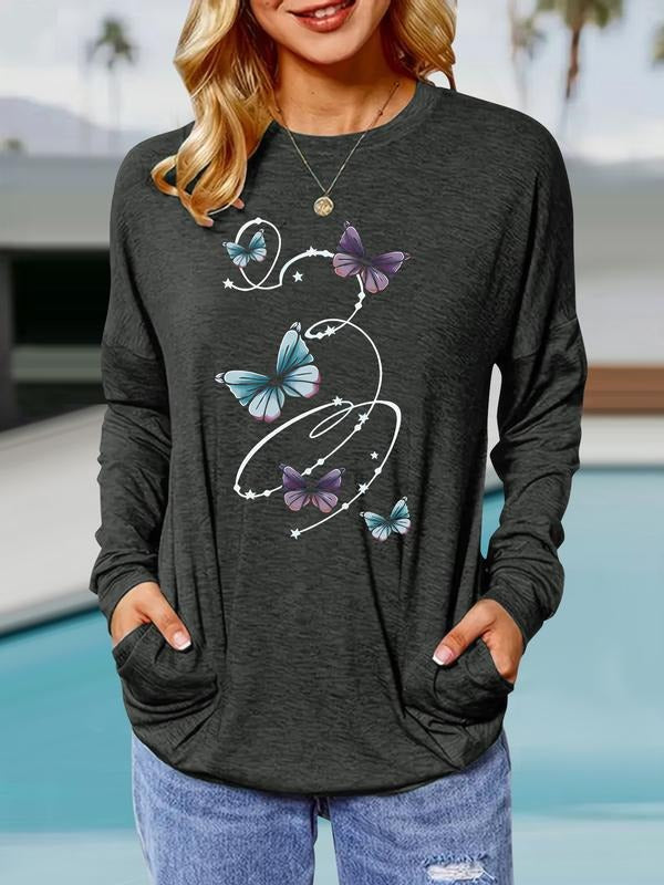 Women's Butterfly Print Round Neck Long Sleeve Pullover, Casual Loose Fit T-Shirt for Spring & Fall, Comfortable...