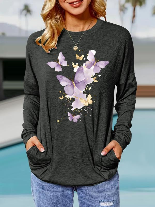 Women's Butterfly Print Round Neck Long Sleeve Pullover, Casual Loose Fit T-Shirt for Spring & Fall, Comfortable Daily...