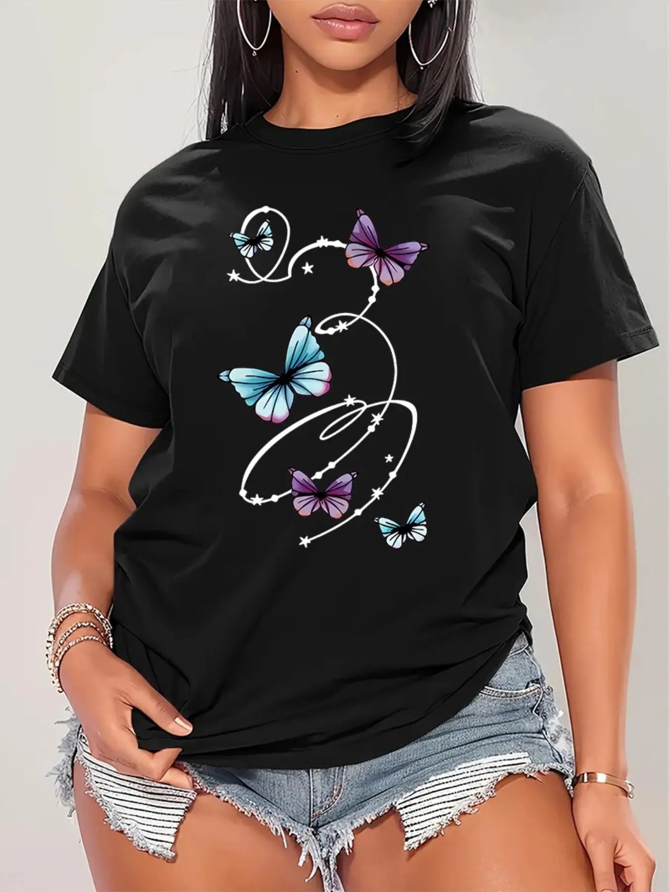Women's Butterfly Print Round Neck Tee, Casual Short Sleeve Crew Neck T-Shirt for All Seasons, Fashion Women's Top for...