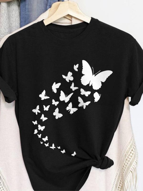 Women's Butterfly Print Round Neck Tee, Casual Short Sleeve Crew Neck T-Shirt for Summer, Fashion Women's Top for Daily...