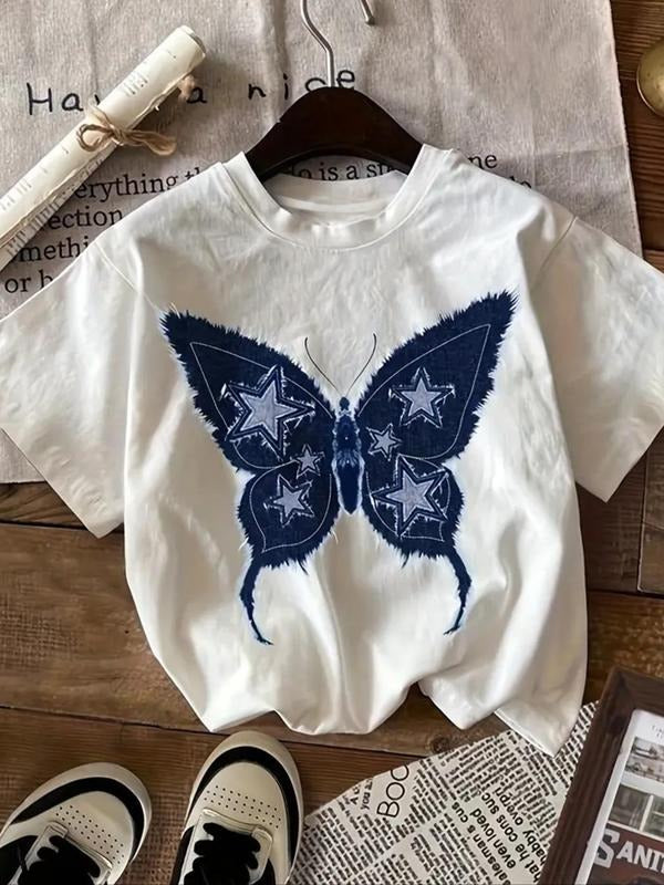 Women's Butterfly Print Round Neck Tee, Casual Short Sleeve Crew Neck T-Shirt for Summer, Fashion Women's Top for Daily...