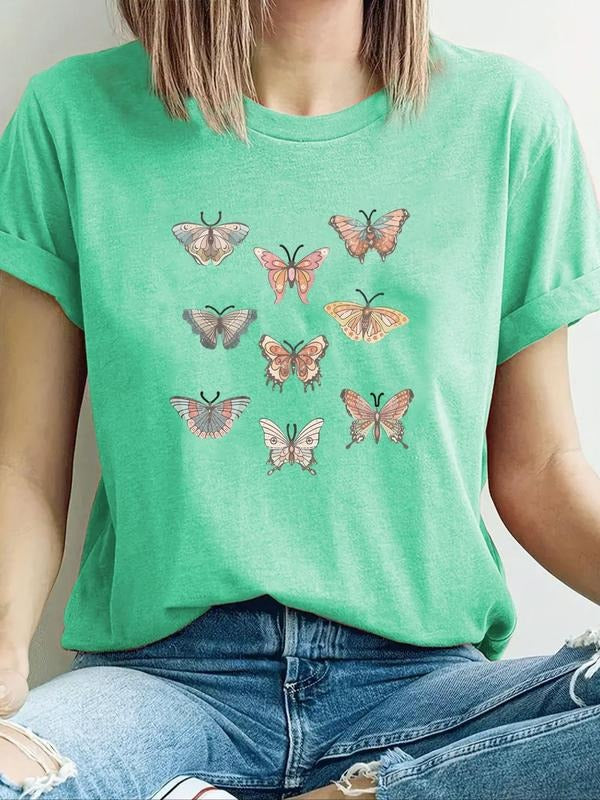Women's Butterfly Print Round Neck Tee, Casual Short Sleeve T-shirt for Summer, Ladies Clothes for Daily Wear Hoodie,...