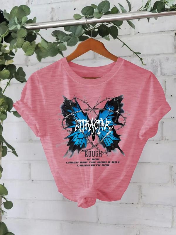 Women's Butterfly Print Round Neck Tee, Fashion Casual Crew Neck T-Shirt for Daily Holiday Vacation Outdoor Wear, Ladies...