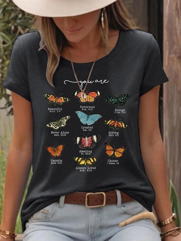 Women's Butterfly Print Round Neck Tee, Fashion Casual Short Sleeve T-shirt, Ladies Summer Clothes for Daily Wear, Top...