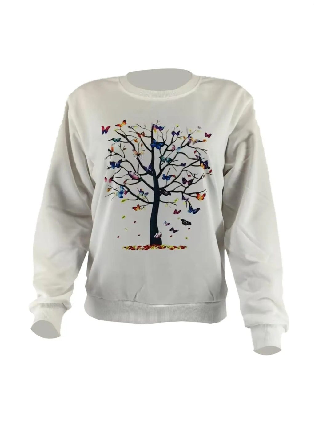 Women's Butterfly Tree Print Round Neck Pullover, Fashion Casual Crew Neck Sweatshirt for Daily Holiday Outdoor Wear,...