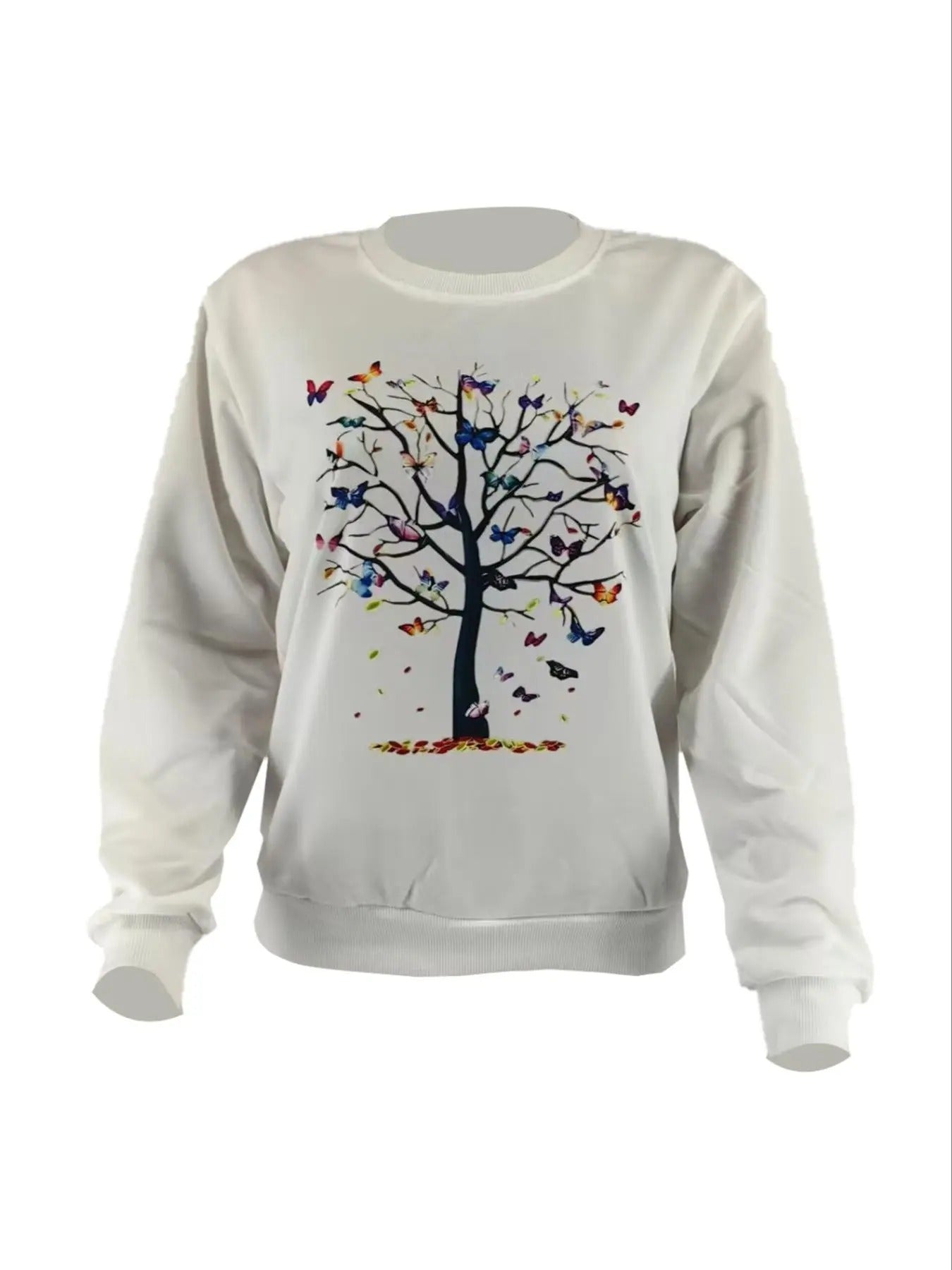 Women's Butterfly Tree Print Round Neck Pullover, Fashion Casual Crew Neck Sweatshirt for Daily Holiday Outdoor Wear,...