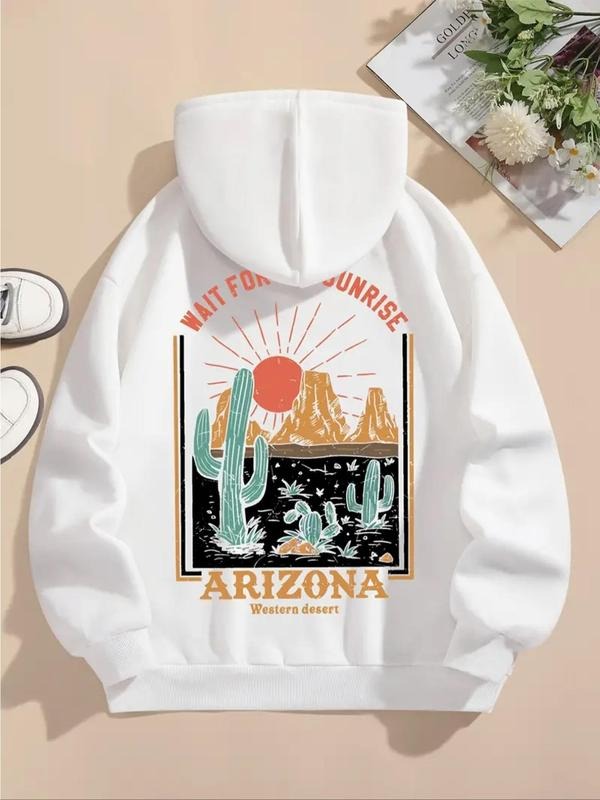 Women's Cactus & Letter Print Drop Shoulder Drawstring Hoodie, Fashion Casual Long Sleeve Pocket Hooded Sweatshirt for...