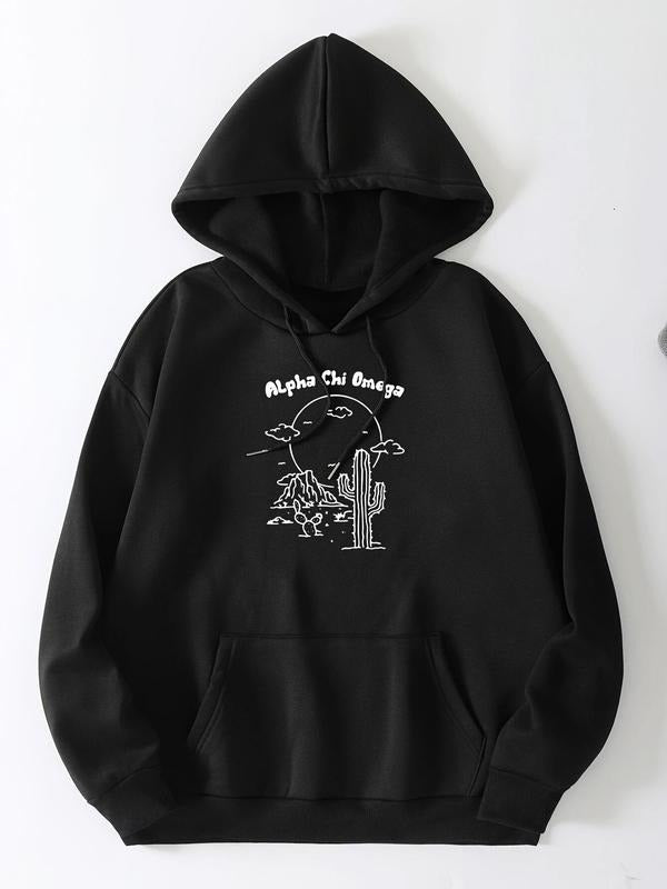 Women's Cactus & Letter Print Drop Shoulder Hoodie, Fashion Casual Drawstring Pocket Hooded Sweatshirt for Daily Holiday...