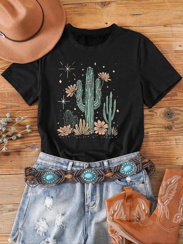 Women's Cactus Print Round Neck Tee, Casual Short Sleeve Crew Neck T-shirt for Daily Wear, Ladies Clothes for All Seasons...