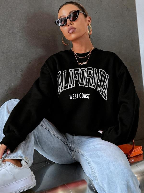 Women's California Letter Graphic Drop Shoulder Sweatshirt, Long Sleeve Loose Fit Pullover, Casual Winter Top for...