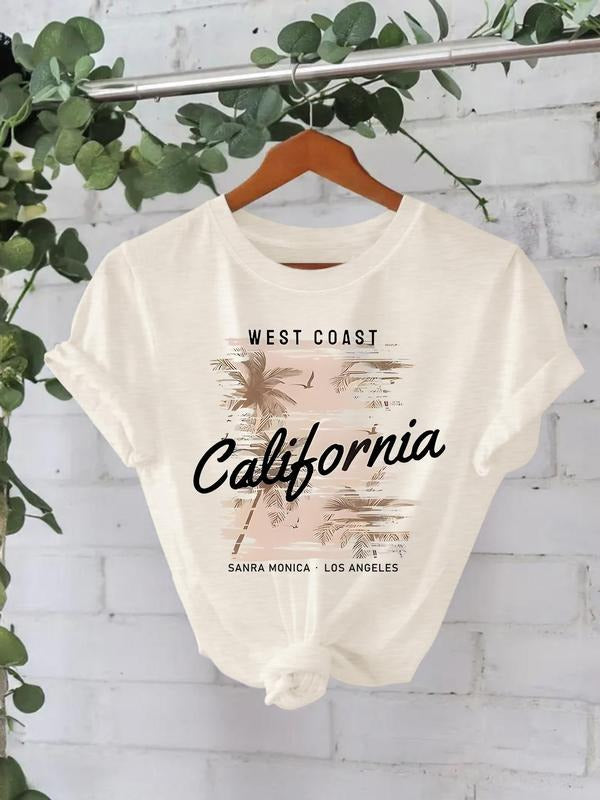 Women's California Print Round Neck Tee, Casual Short Sleeve Crew Neck T-Shirt for Spring & Summer, Fashion Women's Top...
