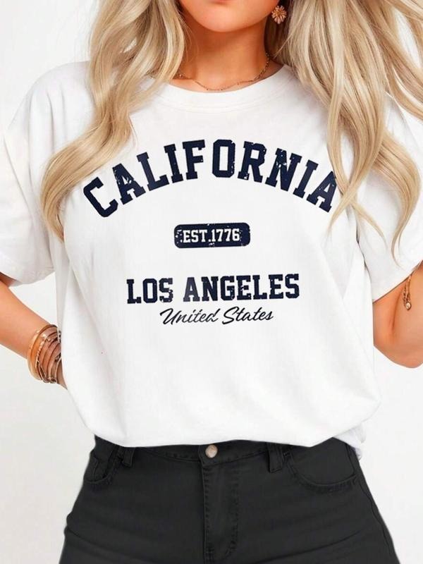 Women's California Print Round Neck Tee, Casual Short Sleeve Crew Neck T-shirt for Daily Wear, Ladies Clothes for All...