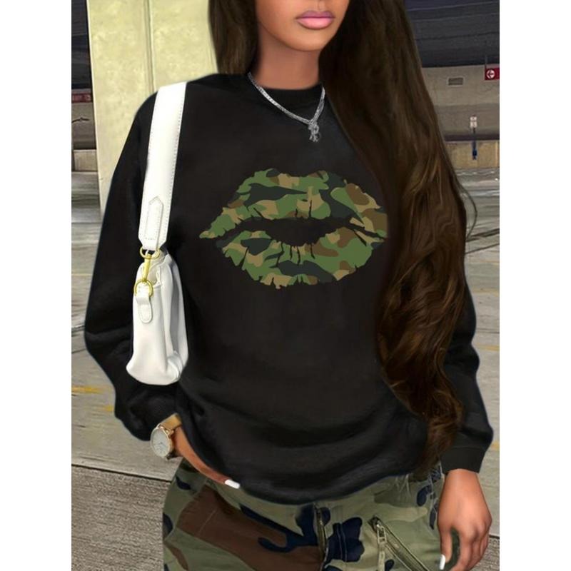Women's Camo Lip Print Crew Neck Sweatshirt, Casual Long Sleeve Pullover for Fall & Winter, Women's Clothes for Daily...