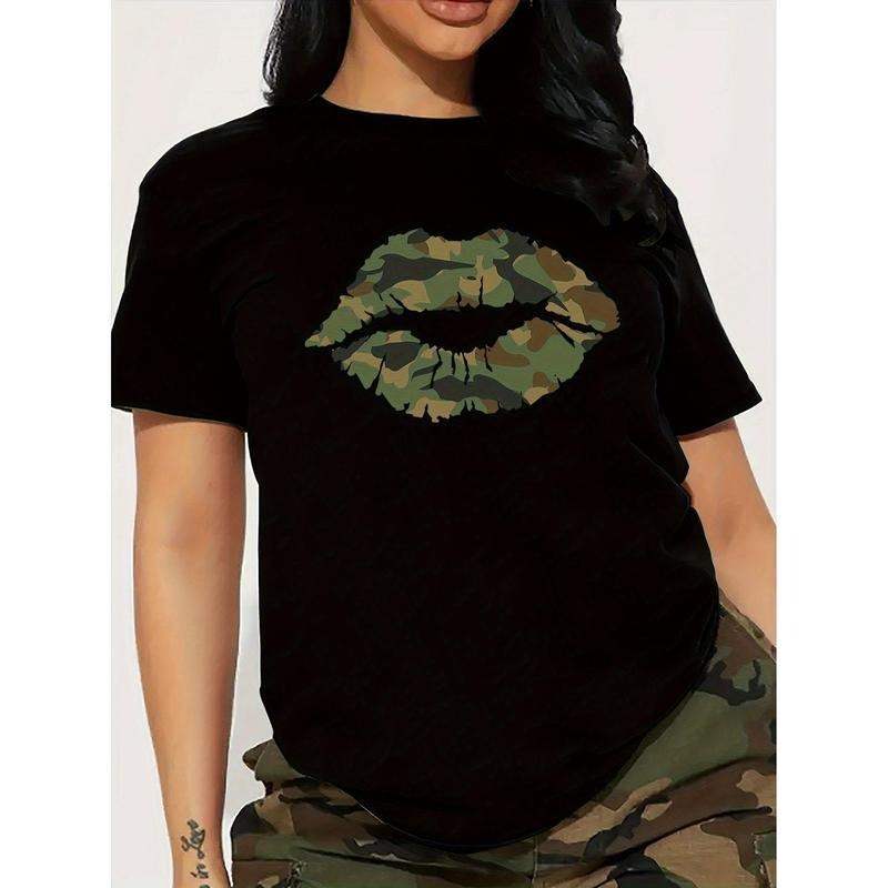 Women's Camo Lip Print T-Shirt, Soft Knit, Breathable & Machine Washable, Casual Round Neck Short Sleeve Top for All...