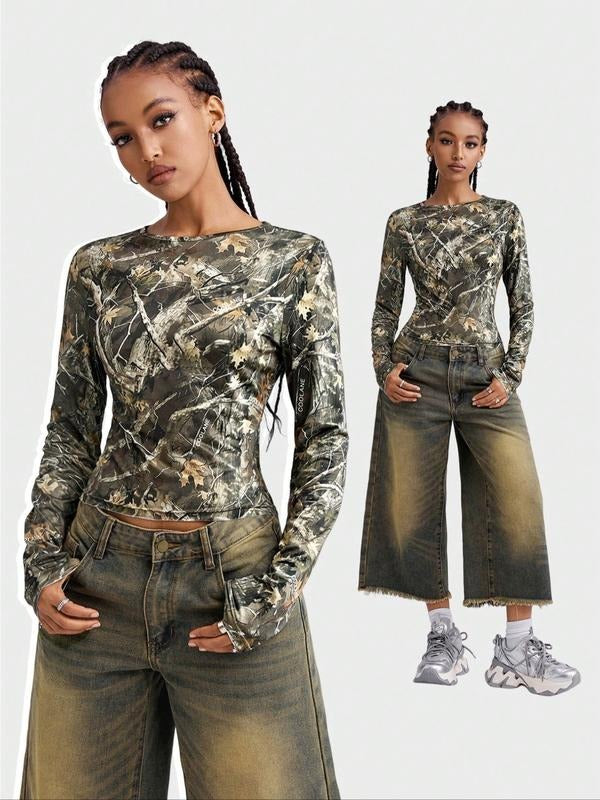 Women's Camo Plants Print Long Sleeve Tee, Casual Tree Print T-shirt for Daily Wear, Ladies Clothes for All Seasons style...