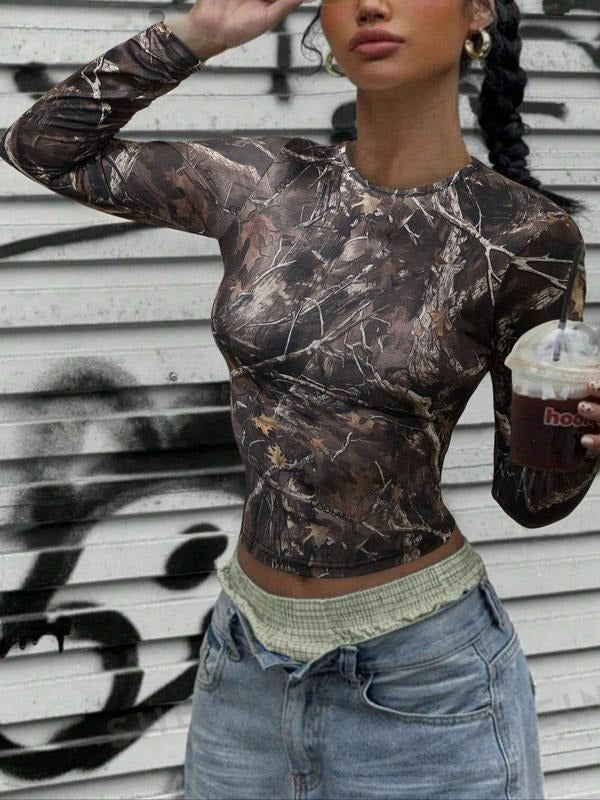 Women's Camo Plants Print Long Sleeve Tee, Casual Tree Print T-shirt for Daily Wear, Ladies Clothes for All Seasons...