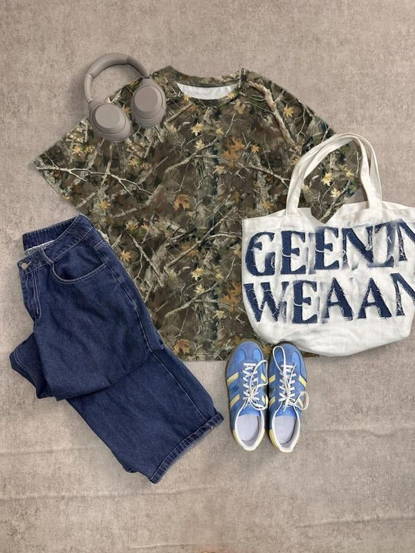 Women's Camo Print Round Neck Tee, Casual Short Sleeve Crew Neck T-shirt for Summer, Fashion Women's Top for Daily Wear...