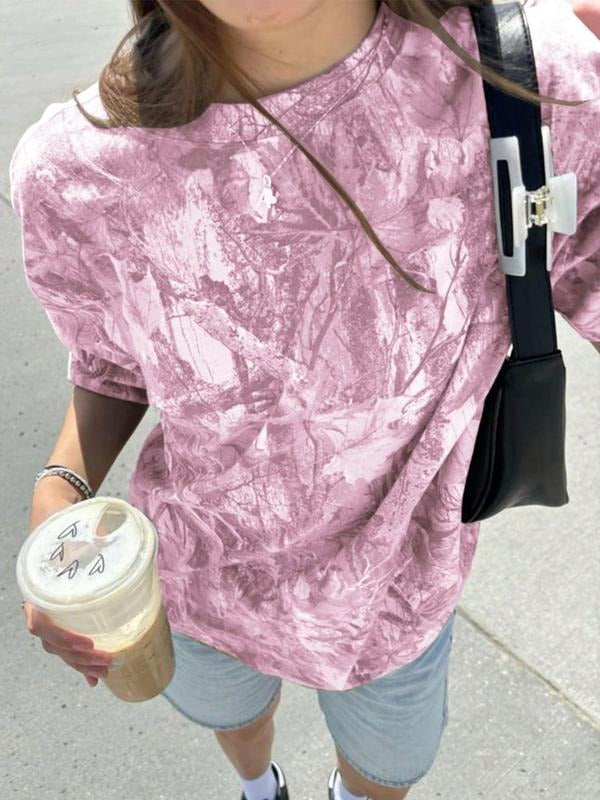 Women's Camo Print Round Neck Tee, Vintage Trendy Casual Short Sleeve T-shirt for Daily Wear, Ladies Summer Outfit, Top...