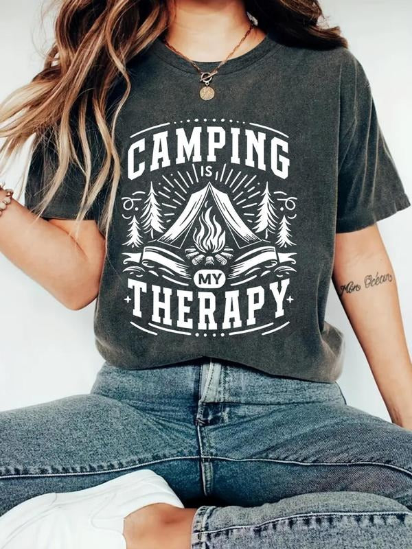 Women's Camping & Letter Print Round Neck Tee, Vintage Trendy Casual Short Sleeve T-shirt for Daily Wear, Ladies Summer...