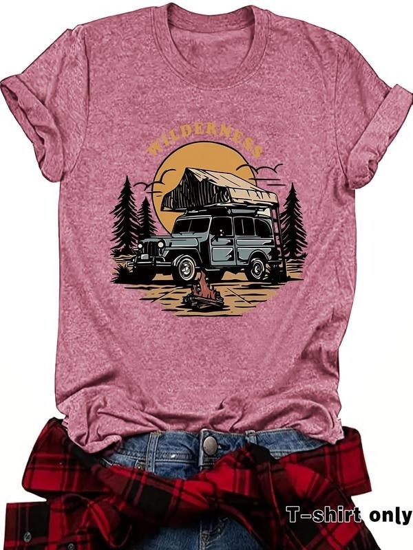 Women's Camping Car Print Round Neck Tee, Vintage Trendy Casual Short Sleeve T-shirt for Daily Wear, Ladies Summer...