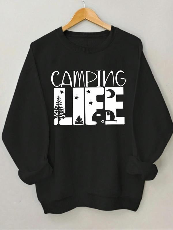 Women's Camping Life Letter Print Round Neck Sweatshirt, Casual Long Sleeve Crew Neck Pullover for Spring & Fall, Fashion...