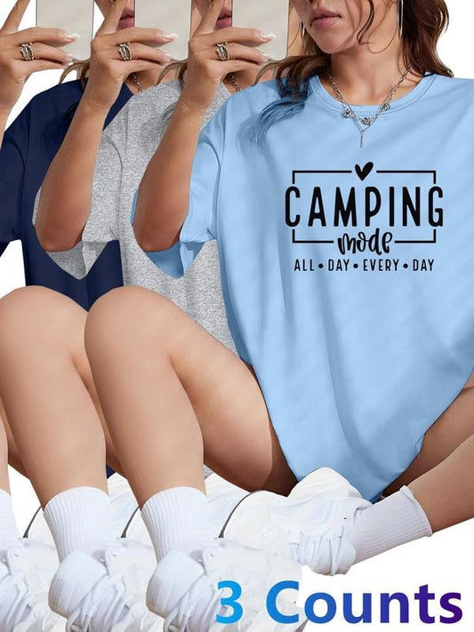 Women's Camping Mode Letter Print Round Neck Tee, Casual Short Sleeve Crew Neck T-shirt for Daily Wear, Ladies Clothes for All Seasons, Top