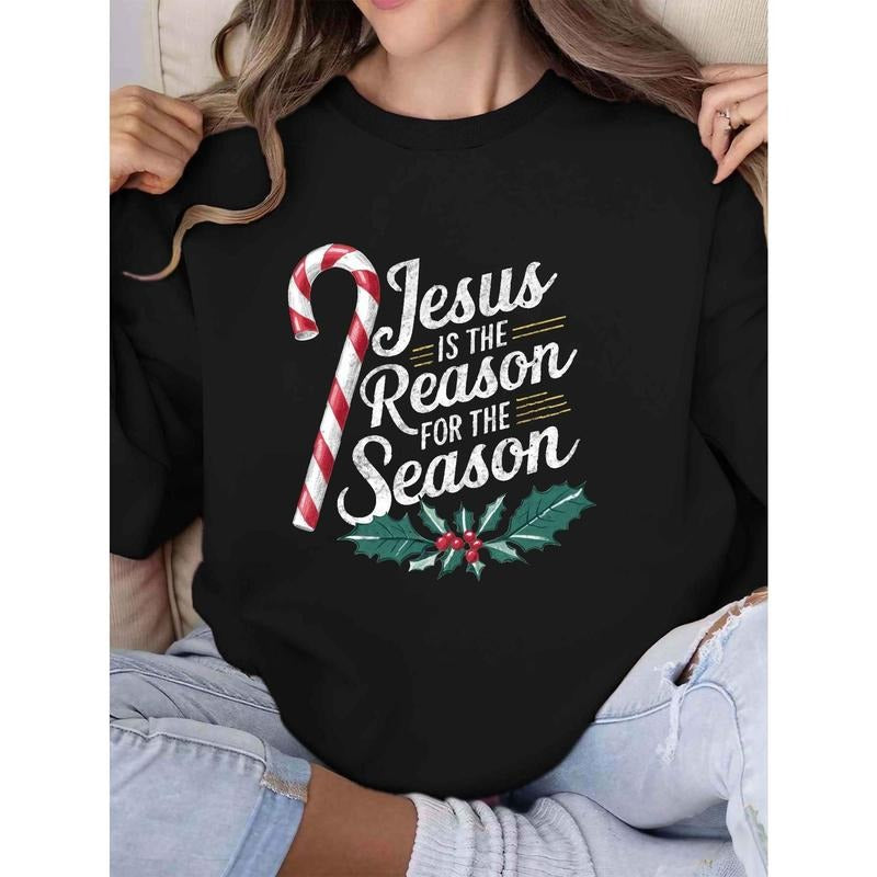Women's Candy Cane and Jesus Sweatshirt - Casual Long Sleeve Crewneck Pullover, Perfect for Fall and Winter T-Shirts, Hoodie