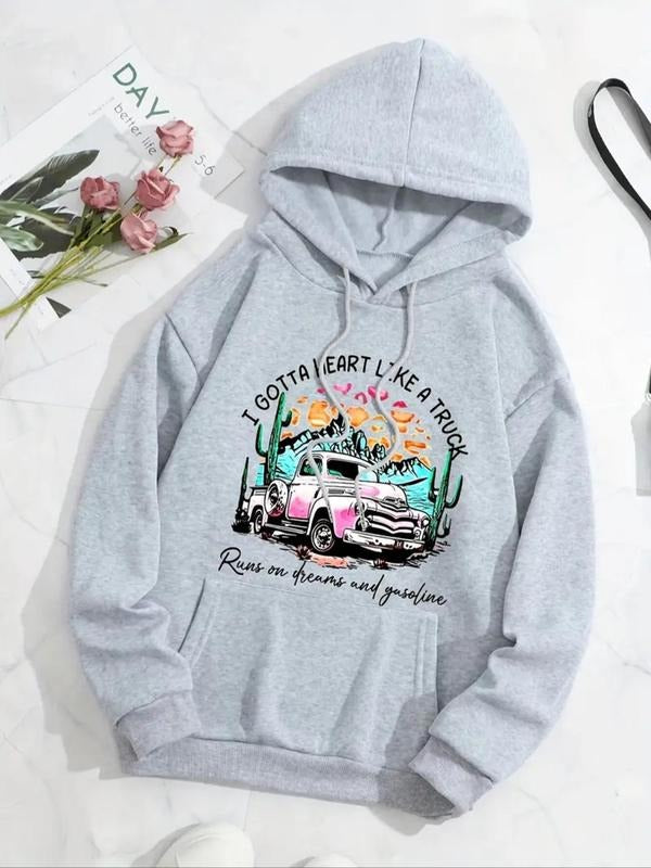 Women's Car & Cactus & Letter Print Thermal Lined Hoodie, Fashion Casual Drawstring Pocket Long Sleeve Hooded Sweatshirt...