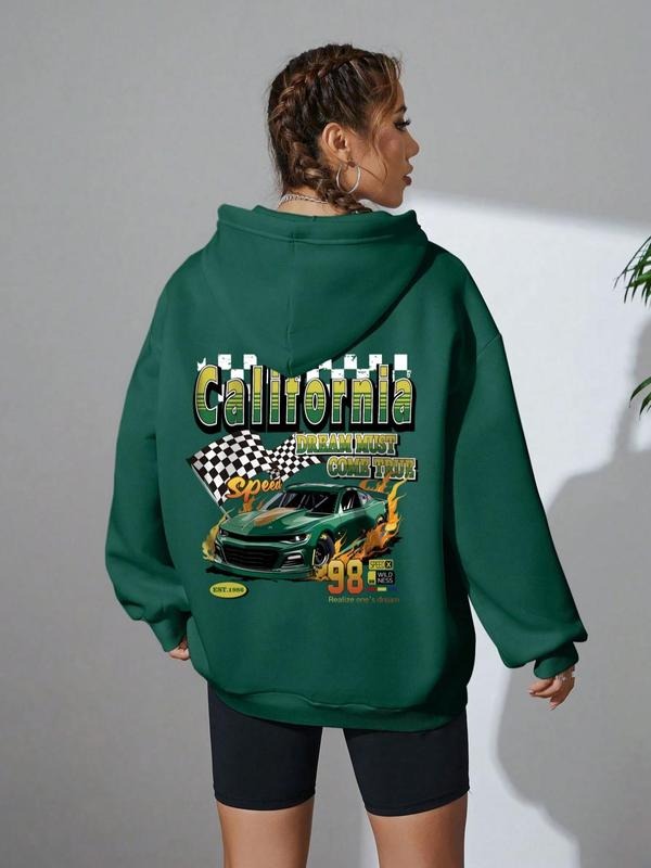 Women's Car & Letter & Fire Print Drop Shoulder Hoodie, Fashion Casual Drawstring Pocket Hooded Sweatshirt for Daily...