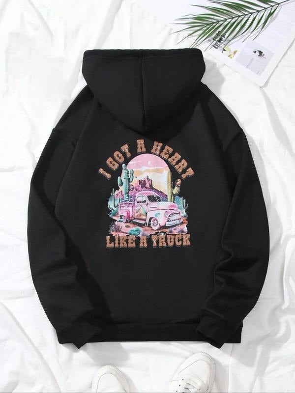 Women's Car & Letter Print Drawstring Hoodie, Casual Long Sleeve Hooded Sweatshirt for Fall & Winter, Women's Clothes for...